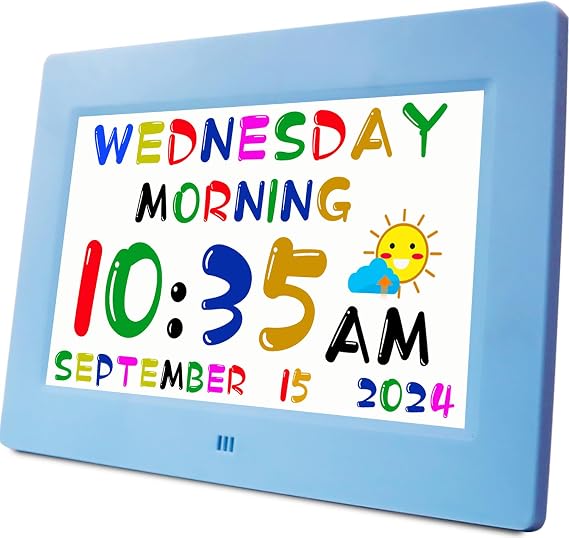 MASSII Digital Teaching Clock Talking Time, 24 Alarms Custom Reminders, Checklist to-Do List, Auto DST & Calendar Display, Sleep Trainer, Easy to Use for Kids Birthday Gift- Blue with Remote
