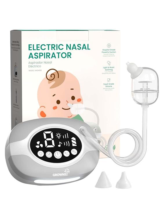 GROWNSY Electric Nasal Aspirator, 9 Suction Levels for Baby, Gray | Hospital-Grade Suction Baby Nose Sucker with Night Light, Soothing Lullabies, Easy Cleaning