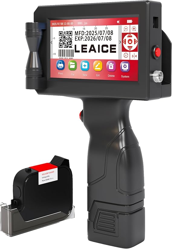 Handheld Inkjet Printer, 1 inch/25.4 mm Print Height Handheld Printer Gun with Quick-Drying Ink Cartridge for Batch Number Date QR Codes Barcodes Labels Logo Printing on Diverse Materials