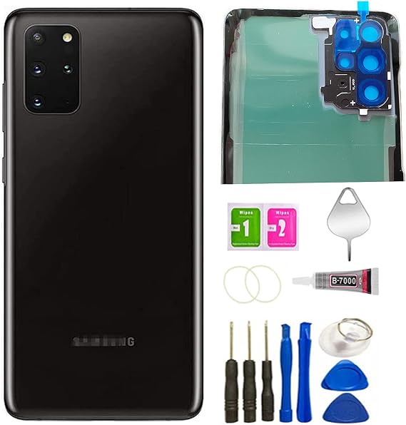 Galaxy S20+ Plus Back Glass Replacement Back Cover Glass Housing Door with Camera Lens and Pre-Installed Tape for Samsung Galaxy S20 Plus S20+ with Tools (Cosmic Black)
