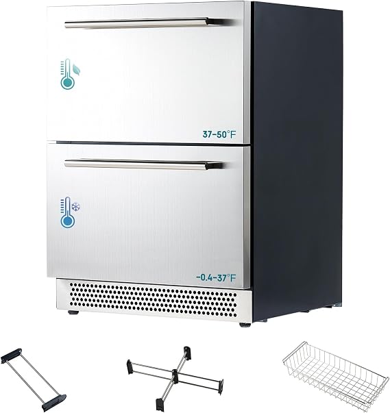 Albott 24 Inch Under Counter Drawer Fridge Stainless Steel Dual-Zone Beverage Refrigerator with LED Touch Control, Adjustable Storage, Frost-Free, Low Noise, 37F-50F,0.4F to 37F