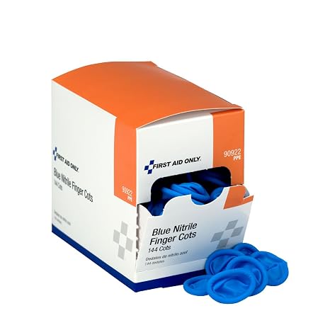 First Aid Only 90922 Blue Nitrile Finger Cots, Disposable Rubber Finger Protectors for Offices, Kitchens, Home, and More, 144 Pack