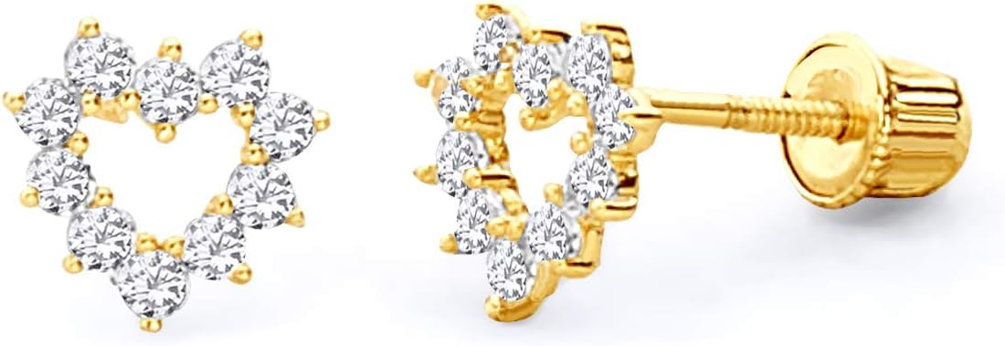 14k REAL Yellow Gold Heart Stud Earrings with Screw Back