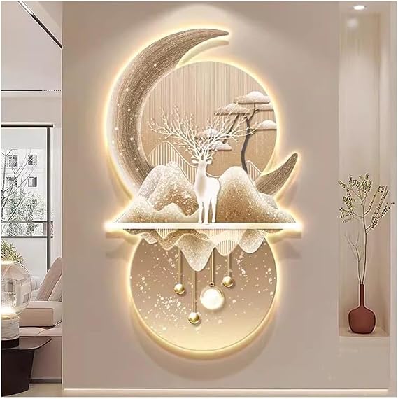 Wall Sculptures Painting Hanging Wall Art With LED Light, Wall Art Decorations Lamp Foyer Decorative Painting Crystal Ceramic Head Panel Luminous Murals In The Living Room(Color:Brown-A,Size:53x80cm)