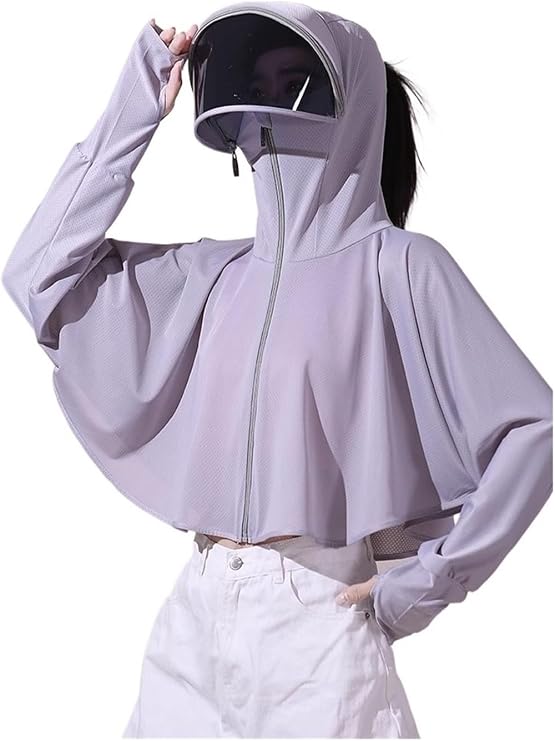 Summer sun protection clothing with full zipper UV protection, sun shading hood ice silk long sleeved shirt shawl