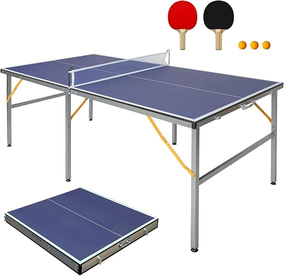6FT Foldable Table Tennis Table, Compact Mid Size, Indoor & Outdoor with Net, Posts, 2 Bats & Balls for Family Leisure