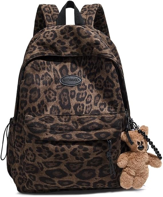 Leopard Print Backpack Women Men 90s Retro Y2K Rucksack Nylon Fashion Cheetah Daypack with Cute Charm