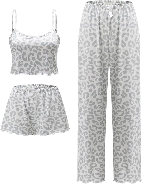 3 Piece Pajamas Set for Women Cami Shorts Pjs Pants Soft Loungewear