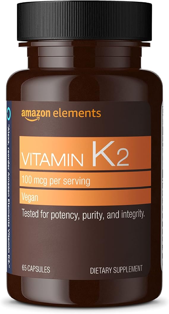 Amazon Elements Vitamin K2, 100 mcg, Vegan, Made from Chickpea, 65 Capsules