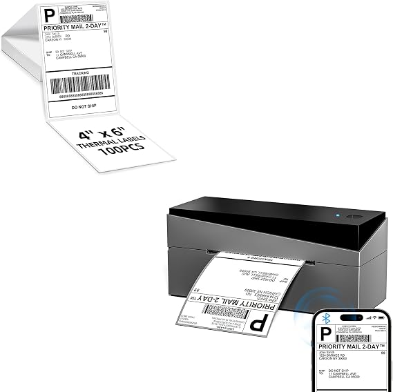 249BT Bluetooth Shipping Label Printer with 1 Fold 4x6 Thermal Labels 100pcs