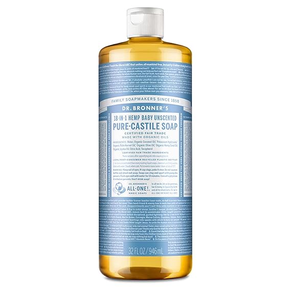 Dr. Bronner's - Pure-Castile Liquid Soap (Baby Unscented, 32 ounce) - Made with Organic Oils, 18-in-1 Uses: Face, Hair, Laundry and Dishes, For Sensitive Skin and Babies, No Added Fragrance, Vegan