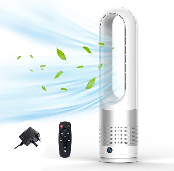 Bladeless Tower Fan with Air Purifier, 2 in1 Tower Fans with Remote Control, 8H Time, 90° Oscillation, Timer, Super Quiet Air Cooler for Home and Office (Silver)