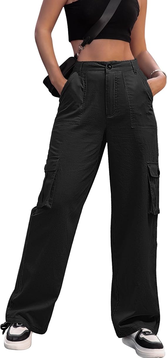 ZMPSIISA Women High Waisted Cargo Pants Wide Leg Casual Linen 6 Pockets Combat Military Trousers(Linen Black,X-Large)
