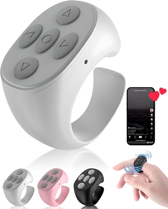 Fingertip Wireless Bluetooth Remote Control, 2026 Upgraded Scrolling Ring Bluetooth Page Turner for Phone, Camera Shutter Scroller Remote for Short Video Music (White)