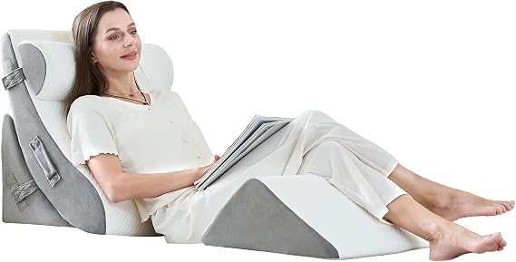 4PCS Orthopedic Bed Wedge Pillow Set, Post Surgery 45D Memory Foam for Back, Neck, and Leg Pain Relief Pleasing & Adjustable Support Pillows-Ease Acid Reflux & GRED with Better Sleep,White Light Grey