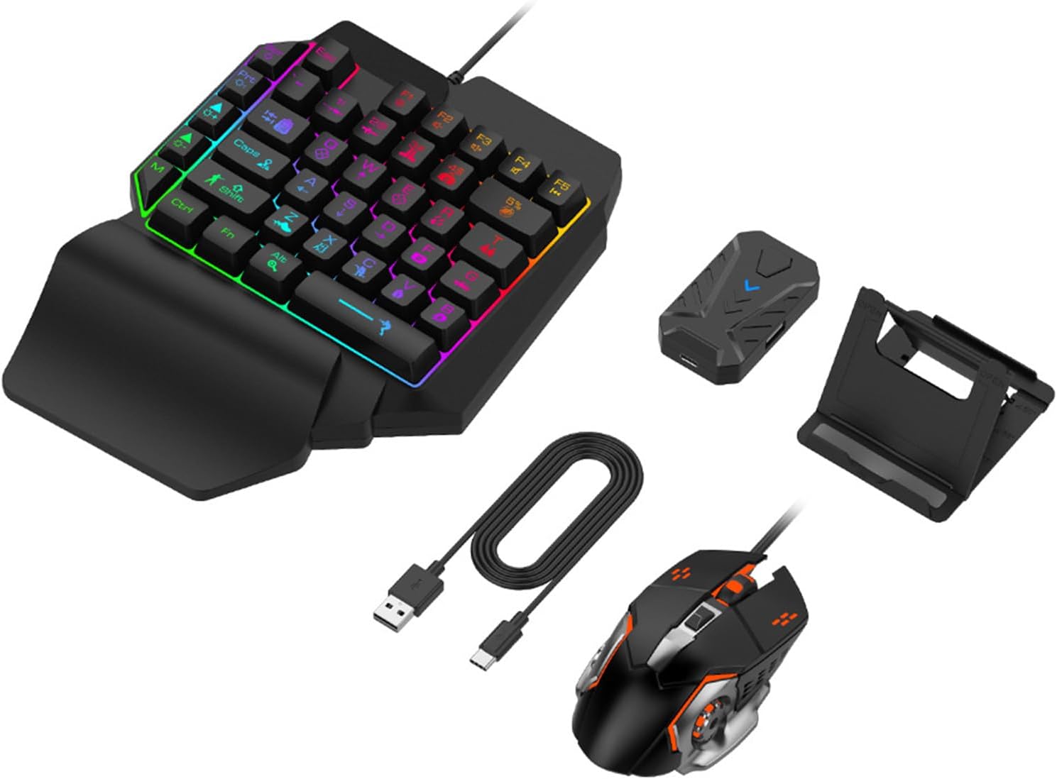 Half Hand Gaming Keyboard and Mouse Combo 4 in 1 Gaming Mechanical Keyboard Mouse Converter Wired 39 Keys Keyboard with LED Backlight for Android