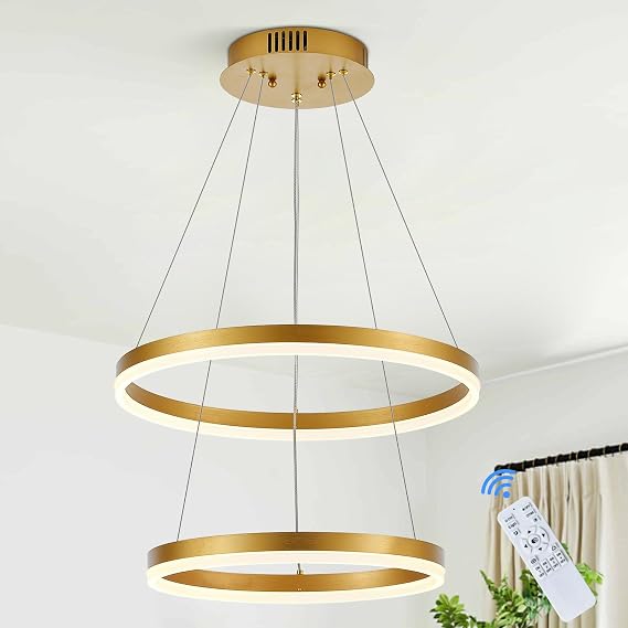 2-Ring LED Chandelier Modern Gold Chandelier Dimmable Circular Flush Mount Pendant Light for Dining Room Bedroom Kitchen Living Room Entryway