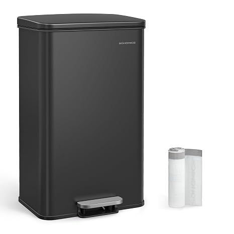SONGMICS Kitchen Bin, 10.5 Gallon (40L) Rubbish Bin, Large Step Bin with Lid, Steel, Soft Close, 15 Liner Bags Included, Black LTB540B4002