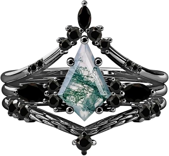 Natural Moss Agate Rings for Women Kite Cut 925 Sterling Silver Moss Green Agate Ring for Women Wife, Optional 4 Colors (Rose/Yellow/White/Black), Ring Size 4-11