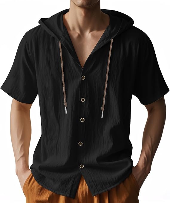 Mens Cotton Linen Hoodies Short Sleeve Button Down Shirts Casual Hawaiian Beach Yoga Sweatshirts Black