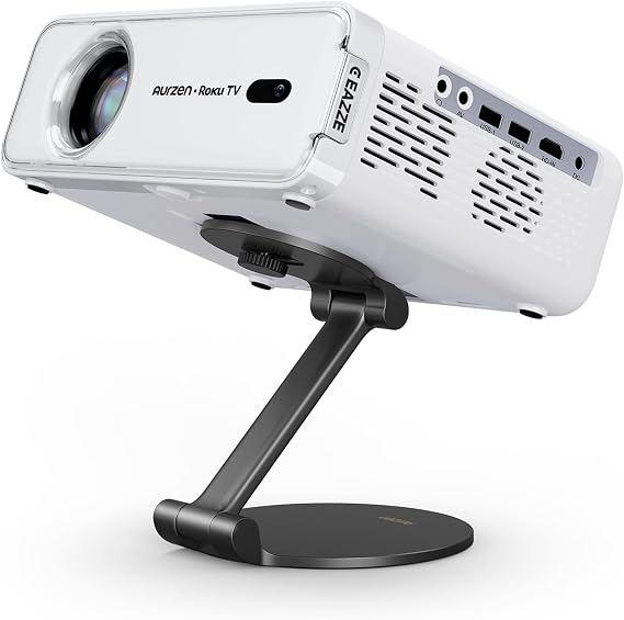 Aurzen Roku TV Smart Projector with Foldable Stand, Roku Streaming Experience Built-in, 1080P FHD, Dolby Audio, Auto Focus & Keystone, Zoom, Movie Portable Outdoor Mini Projector