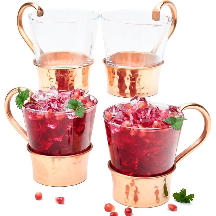 Advanced Mixology Turkish Mule Mugs | Set of 4 | 100% Pure Copper Base and Glass | Food Grade | Hammered Finish|