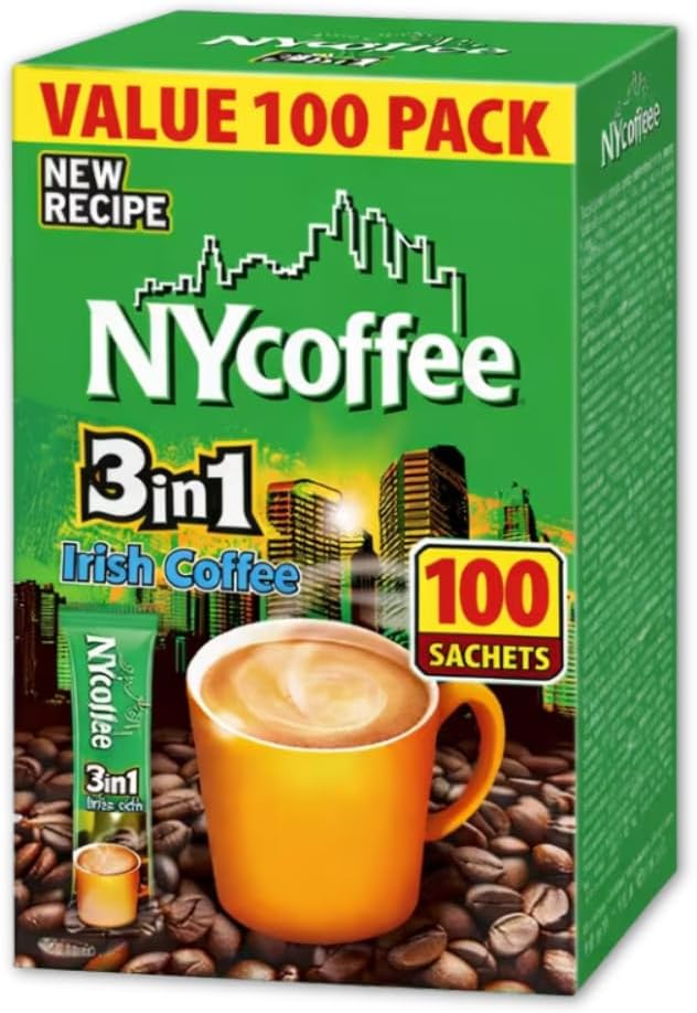 100 x Irish Flavour NY Coffee 3 in 1 Sachets – Instant Coffee Sticks – 10 Boxes x 10 Flavoured Coffee Mix Sachets for Home, Office, Travel & On-The-Go