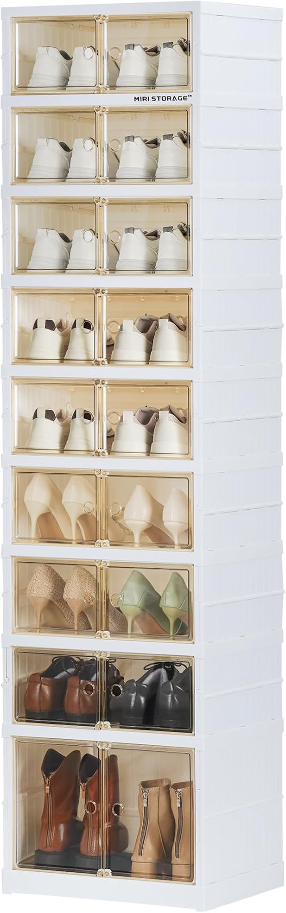 9-Tier 18 Pairs Foldable Shoe Rack,Plastic, Magnetic Doors, White | Easy Assembly,Closet & Entryway,Bottom Wheels,Clear Doors,Fits Boots,Collapsible Shoe Cabinet