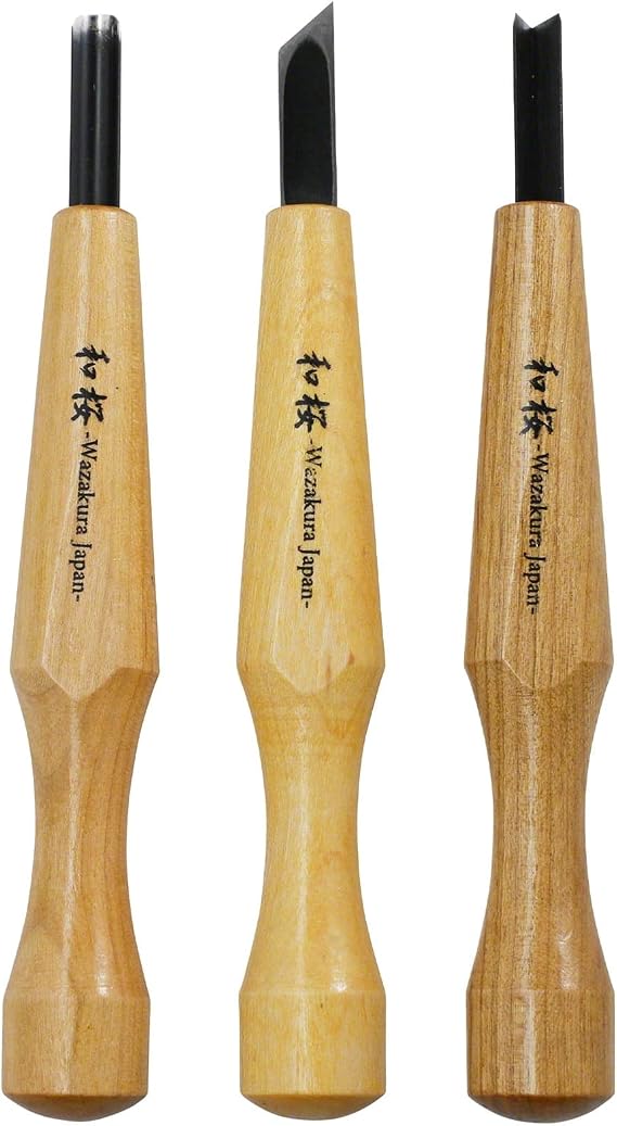 Wazakura 3PCS Bonsai Chisel Kit with Round Gouge, Single Bevel Skewed and V-Parting Tool, Hand Carving Tool Set for Jin Shari Making, Woodworking Knife Pack (3PCS Bonsai Chisel Kit)