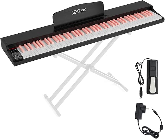 88 Key Weighted Keyboard Piano with Sustain Pedal, Power Adapter & Sheet Music Stand - Home Digital Piano, Black Pink (Keyboard Only)
