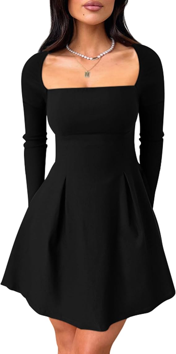 YMDUCH Women's Long Sleeve Square Neck Bow Tie Mini Party Dress