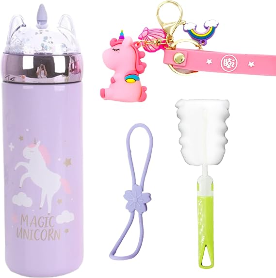 Unicorn Kid Water Bottle for School with Lid Sparkling Glitter Pony Bottle Stainless Steel Cup Vacuum Bottle Girl Birthday Gift (A purple unicorn, 330ml)