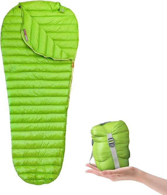 AEGISMAX Camping Sleeping Bag,Warm Weather 52F- Goose Down Sleeping Bag,Portable Urltra-Light Mummy Sleeping,Outdoor Hiking for Adults Backpacking with Compression Bags(Green,Medium)