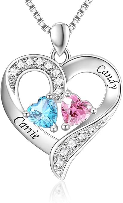MissNity 925 Sterling Silver Personalized 2 Heart Simulated Birthstone Engraved Names Necklace for Women Mother Pendant Jewelry