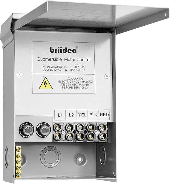 Well Pump Control Box, Briidea Control Box for 1.5 HP 230 Volt Deep Well Submersible Pump with 6 Preserved Holes, Weatherproof for Outdoor Use