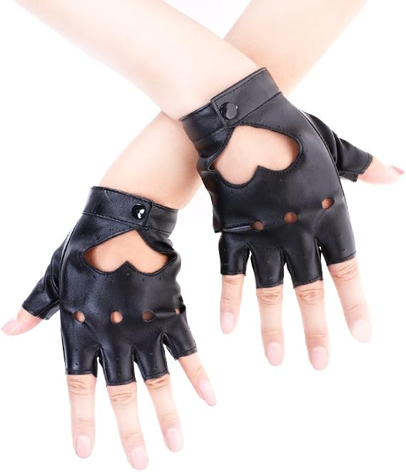 JISEN Women Heart Cutout Punk Half Finger PU Leather Performance Gloves