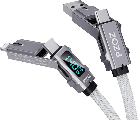 PZOZ 4 in 1 Charging Cable Lightning Cable USB C Cable LED Display Fast Charging Multi Cable