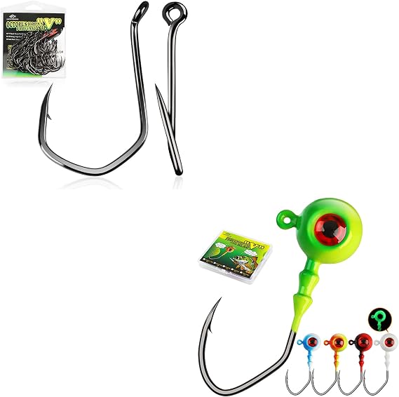 LUCKYFISHING Round Jig Heads 1/5oz(5g)-1#-15pcs and Professional V Octopus Hooks 8/0-50pcs