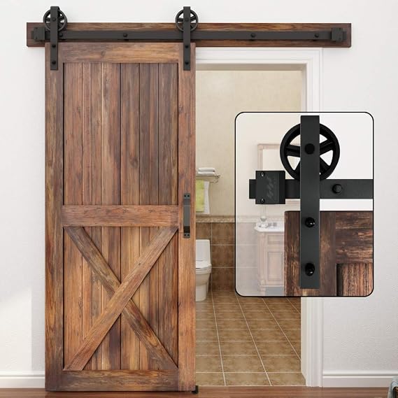 WINSOON 11FT Sliding Barn Door Hardware Kit, Black Big Spoke Roller, No Door | Antique, Silent Glide, Easy to Install, Includes Tracks, Big Wheel Hangers, Floor Guide and Other Necessary Hardware, DIY