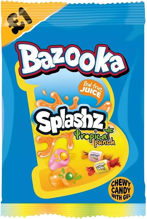 Bazooka Splashz Tropical Fruit Chewy Candy with Gel, (120g x 6 Bags)