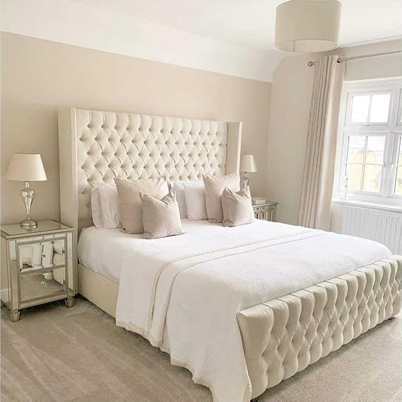 Innovative Luxury Chesterfield Winged Bed Frame - Upholstered in Plush Velvet with Mattress/Gas Lift Option - UK Made (Cream Plush, Double 4ft6 Bed Frame)