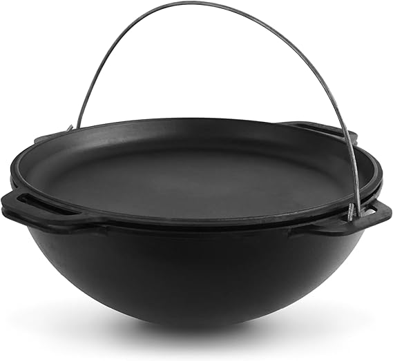 Camping Dutch Oven Pot with Lid Brizoll 10.5 Quarts (10 L) - Cast Iron Cookware Set - Kazan for Plov - Uzbek Kazan Cast Iron - Premium Camping Cookware - Asian Cauldron - Dutch Oven With Frying Pan Lid