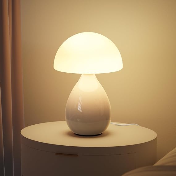 Mushroom Lamp, Vintage Small Table Lamp for Bedroom, Ice Crack Ceramic LED Night Light for Kids, Mid Century Modern Bedside Lamp for Nightstand, Living Room, Home Decor Gift Ideas for Women, Ivory