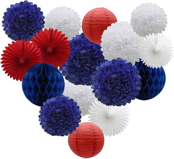 ADLKGG 16-Pack Red White Navy Blue Party Decorations, Hanging Paper Kit