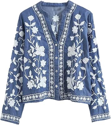 Women Denim Cardigan Blouse Poncho Embroidery Drop-Shoulder Kimono Blouse Button Up Jeans Kimono