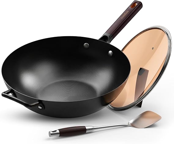 13.5" Pre-Seasoned Flat Bottom Carbon Steel Wok with Lid Spatula | Naturally Nonstick Woks & Stir-fry Pan, Black Traditional Chinese Cookware for Induction, Electric, Gas, Great for BBQ, Grill