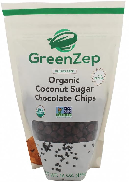 Coconut Sugar Organic Chocolate Chips for Baking, 4 Simple Ingredients, Dairy Free, Soy Free, Gluten Free Dessert, Non GMO, Vegan, Healthy Caffeine Free Substitute for Chocolate, Perfect for Snacks, 16 Ounce 1 Pound Bag, By GreenZep