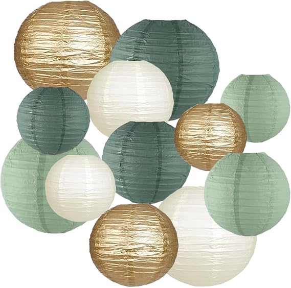12pcs Sage Green Gold Paper Lanterns,Hanging Paper Lanterns for Bridal Enchanted Forest Shower Rustic Neutral Boho Birthday Wedding Home Decor Party Decoration