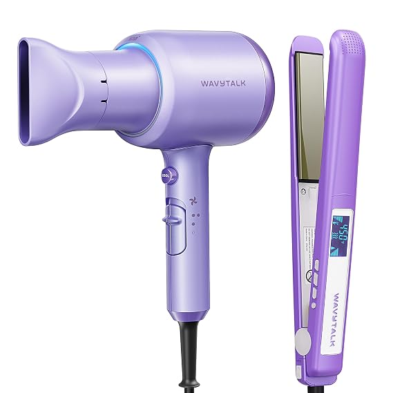 Wavytalk Blown Away onic Hair Dryer Purple and 1 Inch Negative Ion Hair Straightener