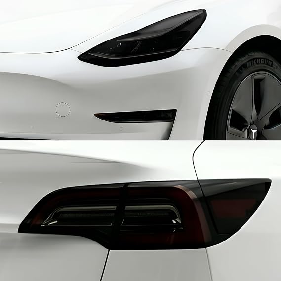 BOGAR TECH DESIGNS Taillight Headlights Smoke Tint PPF, Smokey Headlamp Cover, Tail Lamp Kit Car Accessories Compatible with Tesla Model 3 2017-2023, Dark Smoke
